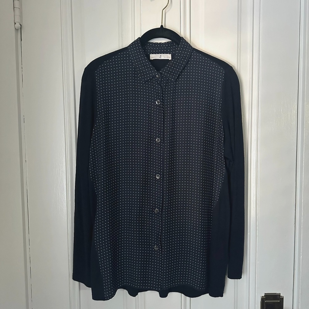 WHYCI Milano Wool Blend Polka Dot Blouse Navy Blue Size M